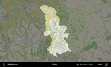Torfaen. Birleşik Krallık 'ın idari alanı karartılmış bir OpenStreetMap tarzı Alman haritasına vurgulanmış ve özetlenmiştir