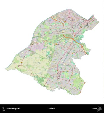 Trafford 'da. Birleşik Krallık 'ın idari alanı bir OpenStreetMap Alman stili haritasında beyazda izole edildi