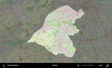 Trafford 'da. Birleşik Krallık 'ın idari alanı karartılmış bir OpenStreetMap tarzı Alman haritasına vurgulanmış ve özetlenmiştir