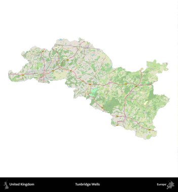 Tunbridge Wells 'de. Birleşik Krallık 'ın idari alanı bir OpenStreetMap Alman stili haritasında beyazda izole edildi