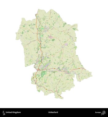 Uttlesford 'da. Birleşik Krallık 'ın idari alanı bir OpenStreetMap Alman stili haritasında beyazda izole edildi