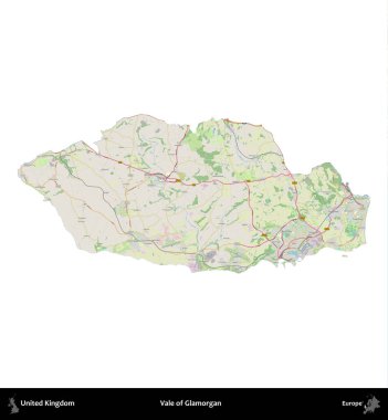 Glamorgan Vadisi. Birleşik Krallık 'ın idari alanı bir OpenStreetMap Alman stili haritasında beyazda izole edildi