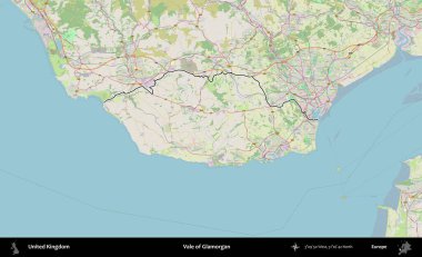 Glamorgan Vadisi. Bir OpenStreetMap Alman stil haritasında Birleşik Krallık 'ın özetlenmiş idari alanı