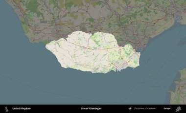 Glamorgan Vadisi. Birleşik Krallık 'ın idari alanı karartılmış bir OpenStreetMap tarzı Alman haritasına vurgulanmış ve özetlenmiştir