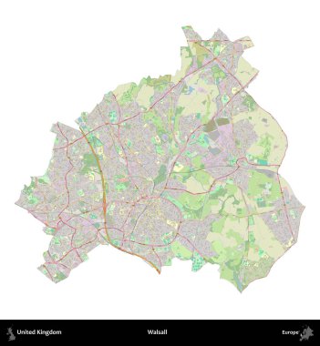 Walsall. Birleşik Krallık 'ın idari alanı bir OpenStreetMap Alman stili haritasında beyazda izole edildi