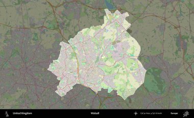 Walsall. Birleşik Krallık 'ın idari alanı karartılmış bir OpenStreetMap tarzı Alman haritasına vurgulanmış ve özetlenmiştir