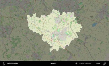 Warwick. Birleşik Krallık 'ın idari alanı karartılmış bir OpenStreetMap tarzı Alman haritasına vurgulanmış ve özetlenmiştir