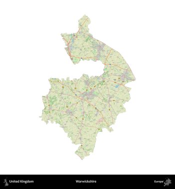 Warwickshire 'da. Birleşik Krallık 'ın idari alanı bir OpenStreetMap Alman stili haritasında beyazda izole edildi