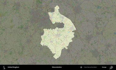 Warwickshire 'da. Birleşik Krallık 'ın idari alanı karartılmış bir OpenStreetMap tarzı Alman haritasına vurgulanmış ve özetlenmiştir