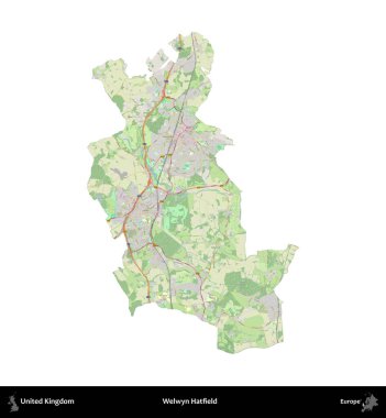 Welwyn Hatfield. Birleşik Krallık 'ın idari alanı bir OpenStreetMap Alman stili haritasında beyazda izole edildi