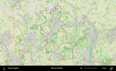 Welwyn Hatfield. Bir OpenStreetMap Alman stil haritasında Birleşik Krallık 'ın özetlenmiş idari alanı