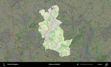 Welwyn Hatfield. Birleşik Krallık 'ın idari alanı karartılmış bir OpenStreetMap tarzı Alman haritasına vurgulanmış ve özetlenmiştir