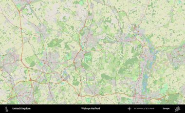 Welwyn Hatfield. Bir OpenStreetMap Alman stil haritası üzerinde Birleşik Krallık 'ın idari alanı