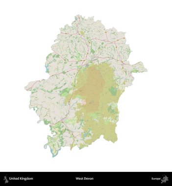 Batı Devon. Birleşik Krallık 'ın idari alanı bir OpenStreetMap Alman stili haritasında beyazda izole edildi