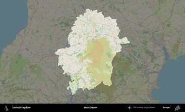 Batı Devon. Birleşik Krallık 'ın idari alanı karartılmış bir OpenStreetMap tarzı Alman haritasına vurgulanmış ve özetlenmiştir