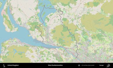 Batı Dunbartonshire. Bir OpenStreetMap Alman stil haritasında Birleşik Krallık 'ın özetlenmiş idari alanı