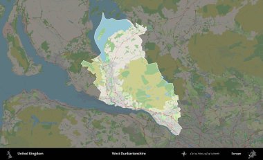 Batı Dunbartonshire. Birleşik Krallık 'ın idari alanı karartılmış bir OpenStreetMap tarzı Alman haritasına vurgulanmış ve özetlenmiştir