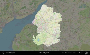 İngiltere 'nin batısında. Birleşik Krallık 'ın idari alanı karartılmış bir OpenStreetMap tarzı Alman haritasına vurgulanmış ve özetlenmiştir
