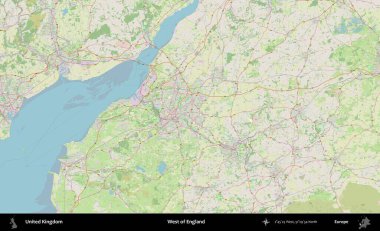 İngiltere 'nin batısında. Bir OpenStreetMap Alman stil haritası üzerinde Birleşik Krallık 'ın idari alanı
