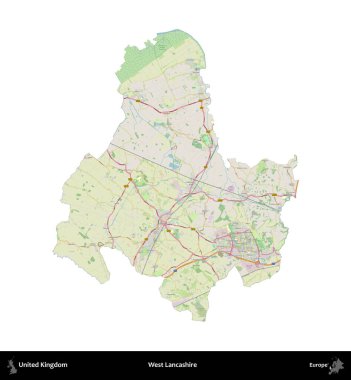 Batı Lancashire. Birleşik Krallık 'ın idari alanı bir OpenStreetMap Alman stili haritasında beyazda izole edildi