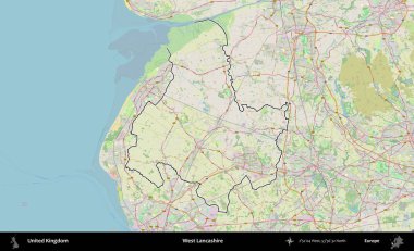 Batı Lancashire. Bir OpenStreetMap Alman stil haritasında Birleşik Krallık 'ın özetlenmiş idari alanı
