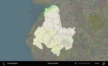 Batı Lancashire. Birleşik Krallık 'ın idari alanı karartılmış bir OpenStreetMap tarzı Alman haritasına vurgulanmış ve özetlenmiştir