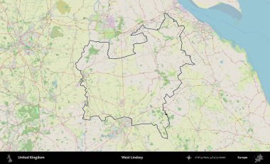 Batı Lindsey. Bir OpenStreetMap Alman stil haritasında Birleşik Krallık 'ın özetlenmiş idari alanı