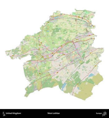 Batı Lothian. Birleşik Krallık 'ın idari alanı bir OpenStreetMap Alman stili haritasında beyazda izole edildi