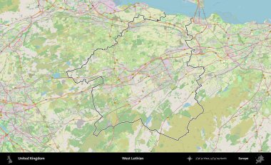 Batı Lothian. Bir OpenStreetMap Alman stil haritasında Birleşik Krallık 'ın özetlenmiş idari alanı