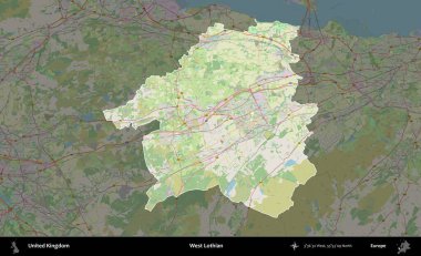 Batı Lothian. Birleşik Krallık 'ın idari alanı karartılmış bir OpenStreetMap tarzı Alman haritasına vurgulanmış ve özetlenmiştir