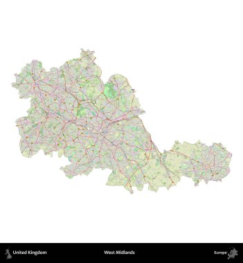 Batı Midlands. Birleşik Krallık 'ın idari alanı bir OpenStreetMap Alman stili haritasında beyazda izole edildi