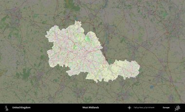 Batı Midlands. Birleşik Krallık 'ın idari alanı karartılmış bir OpenStreetMap tarzı Alman haritasına vurgulanmış ve özetlenmiştir