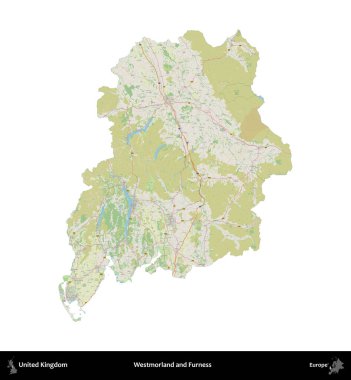 Westmorland ve Furness. Birleşik Krallık 'ın idari alanı bir OpenStreetMap Alman stili haritasında beyazda izole edildi