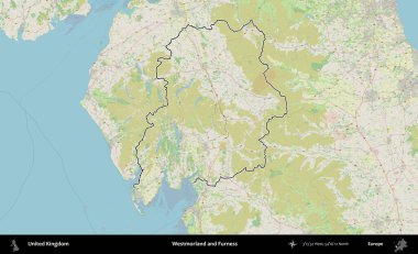 Westmorland ve Furness. Bir OpenStreetMap Alman stil haritasında Birleşik Krallık 'ın özetlenmiş idari alanı