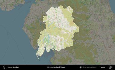 Westmorland ve Furness. Birleşik Krallık 'ın idari alanı karartılmış bir OpenStreetMap tarzı Alman haritasına vurgulanmış ve özetlenmiştir