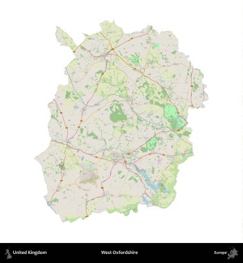 Batı Oxfordshire. Birleşik Krallık 'ın idari alanı bir OpenStreetMap Alman stili haritasında beyazda izole edildi