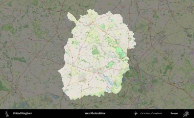 Batı Oxfordshire. Birleşik Krallık 'ın idari alanı karartılmış bir OpenStreetMap tarzı Alman haritasına vurgulanmış ve özetlenmiştir