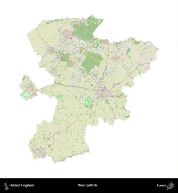 Batı Suffolk. Birleşik Krallık 'ın idari alanı bir OpenStreetMap Alman stili haritasında beyazda izole edildi