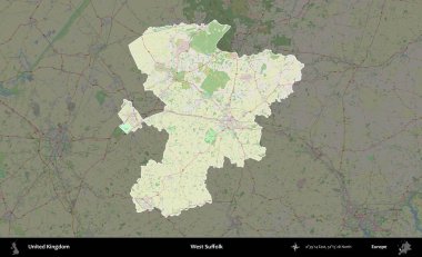 Batı Suffolk. Birleşik Krallık 'ın idari alanı karartılmış bir OpenStreetMap tarzı Alman haritasına vurgulanmış ve özetlenmiştir