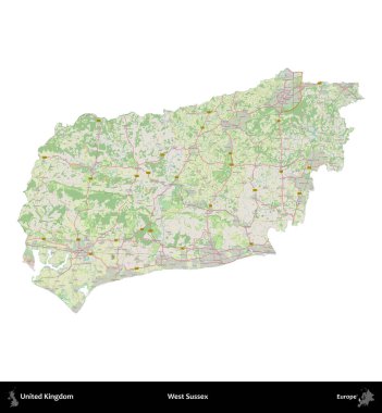 Batı Sussex. Birleşik Krallık 'ın idari alanı bir OpenStreetMap Alman stili haritasında beyazda izole edildi