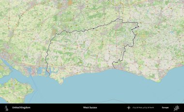 Batı Sussex. Bir OpenStreetMap Alman stil haritasında Birleşik Krallık 'ın özetlenmiş idari alanı