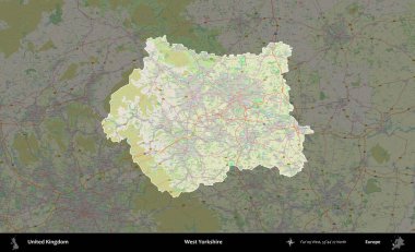 Batı Yorkshire. Birleşik Krallık 'ın idari alanı karartılmış bir OpenStreetMap tarzı Alman haritasına vurgulanmış ve özetlenmiştir