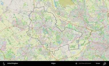 Wigan. Bir OpenStreetMap Alman stil haritasında Birleşik Krallık 'ın özetlenmiş idari alanı