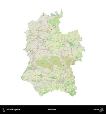 Wiltshire 'da. Birleşik Krallık 'ın idari alanı bir OpenStreetMap Alman stili haritasında beyazda izole edildi