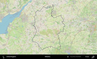 Wiltshire 'da. Bir OpenStreetMap Alman stil haritasında Birleşik Krallık 'ın özetlenmiş idari alanı
