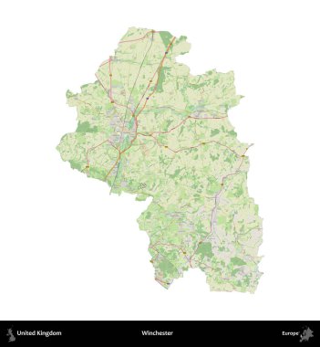 Winchester 'da. Birleşik Krallık 'ın idari alanı bir OpenStreetMap Alman stili haritasında beyazda izole edildi