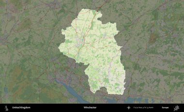 Winchester 'da. Birleşik Krallık 'ın idari alanı karartılmış bir OpenStreetMap tarzı Alman haritasına vurgulanmış ve özetlenmiştir