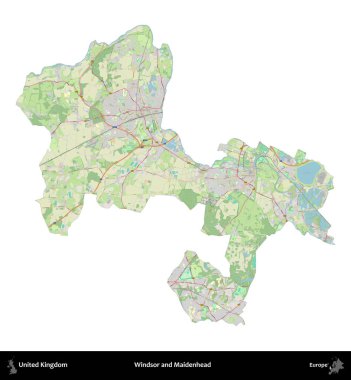 Windsor ve Maidenhead. Birleşik Krallık 'ın idari alanı bir OpenStreetMap Alman stili haritasında beyazda izole edildi