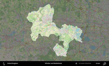 Windsor ve Maidenhead. Birleşik Krallık 'ın idari alanı karartılmış bir OpenStreetMap tarzı Alman haritasına vurgulanmış ve özetlenmiştir