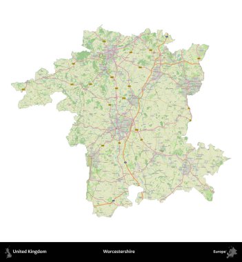 Worcestershire 'da. Birleşik Krallık 'ın idari alanı bir OpenStreetMap Alman stili haritasında beyazda izole edildi